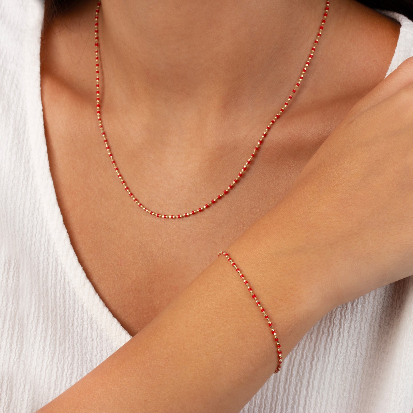 Ruby Enameled Beaded Bracelet 14K Solid Gold / Silver, Mini Italian Ball Chain, July Birthstone
