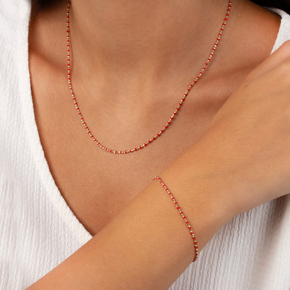 Ruby Enameled Beaded Bracelet 14K Solid Gold / Silver, Mini Italian Ball Chain, July Birthstone