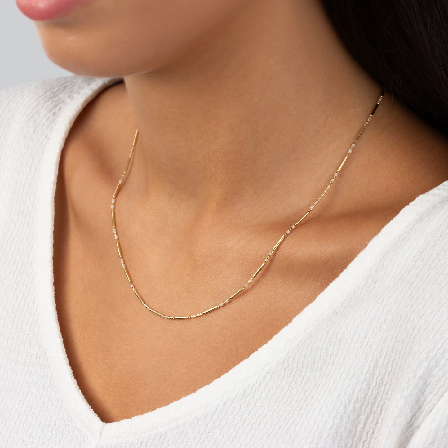 White Topaz 14K Solid Gold / Silver Layered Enameled Spaced Beaded Bar Necklace, Birthstone Jewelry