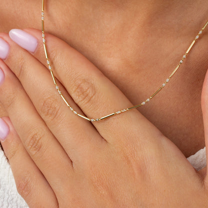 White Topaz 14K Solid Gold / Silver Layered Enameled Spaced Beaded Bar Necklace, Birthstone Jewelry