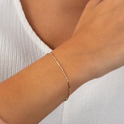 White Topaz Enameled Beaded Bar Bracelet 14K Solid Gold / Silver, Layered Spaced Design