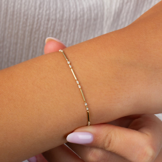 White Topaz Enameled Beaded Bar Bracelet 14K Solid Gold / Silver, Layered Spaced Design