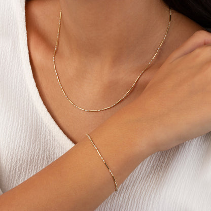 White Topaz 14K Solid Gold / Silver Layered Enameled Spaced Beaded Bar Necklace, Birthstone Jewelry