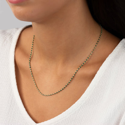 Emerald Enameled Beaded Necklace in 14K / Silver Solid Gold, Mini Italian Ball Chain