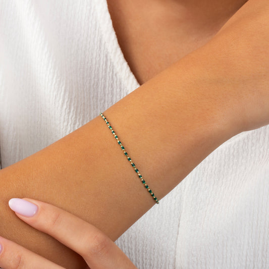 Emerald Enameled Beaded Bracelet 14K Solid Gold / Silver, Mini Italian Ball Chain