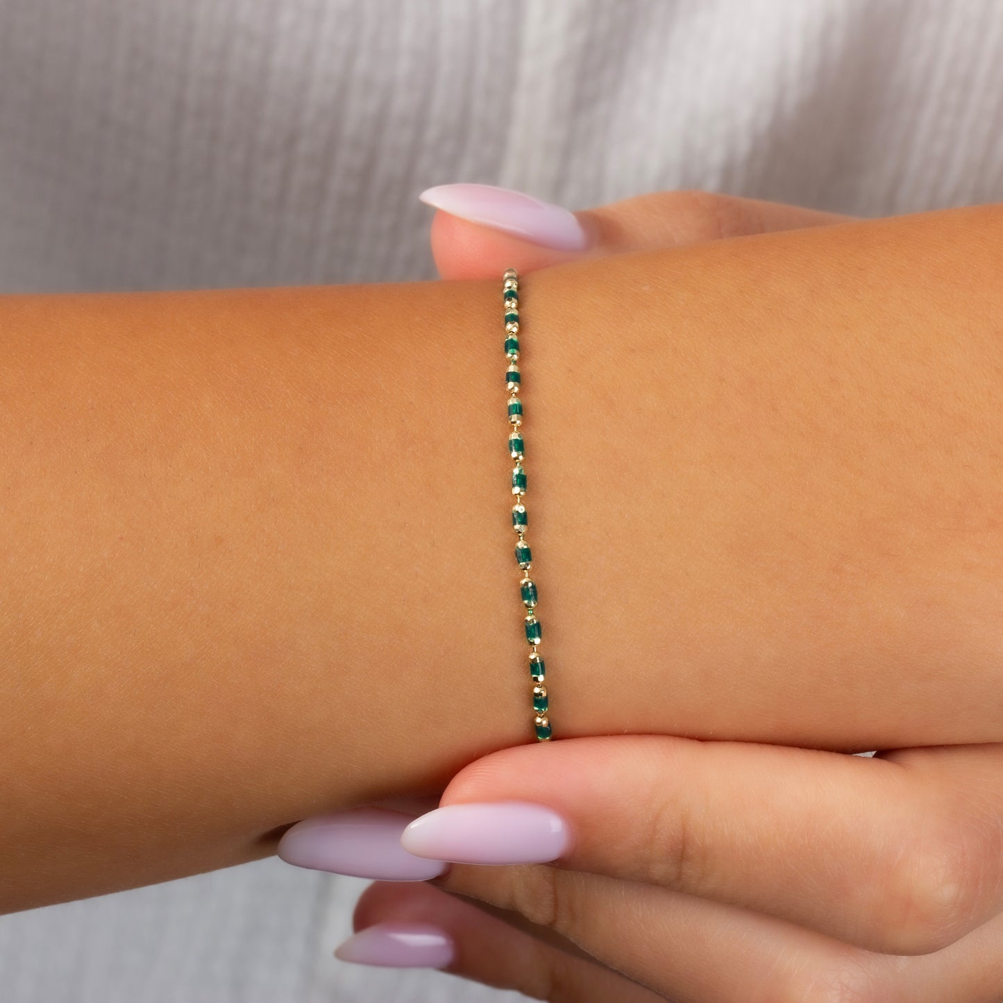 Emerald Enameled Beaded Bracelet 14K Solid Gold / Silver, Mini Italian Ball Chain