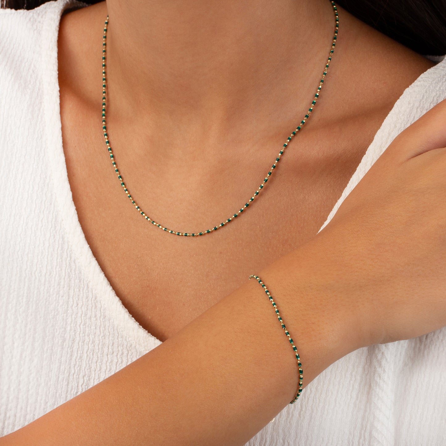 Emerald Enameled Beaded Necklace in 14K / Silver Solid Gold, Mini Italian Ball Chain