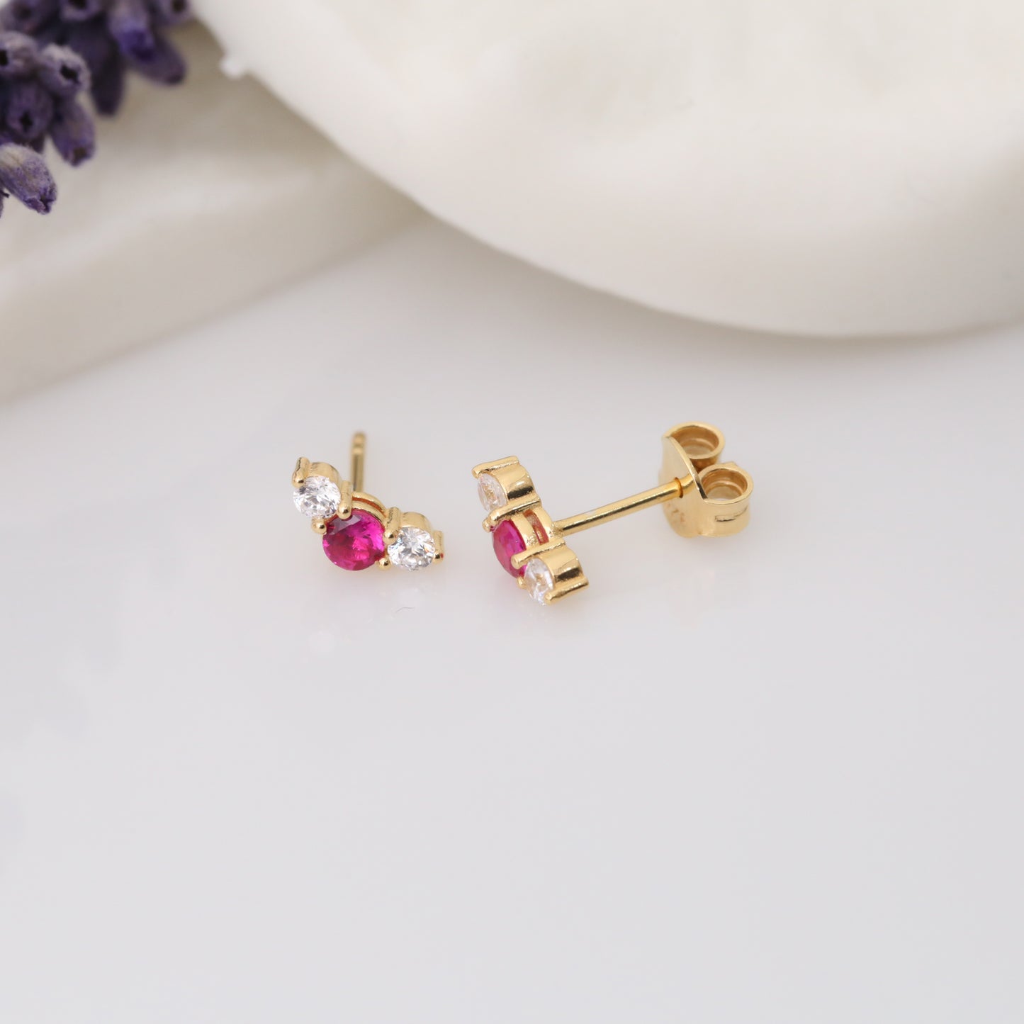 3 Stone Ruby Stud Earrings with Real Diamonds in 10K/14K Solid Gold, July Birthstone