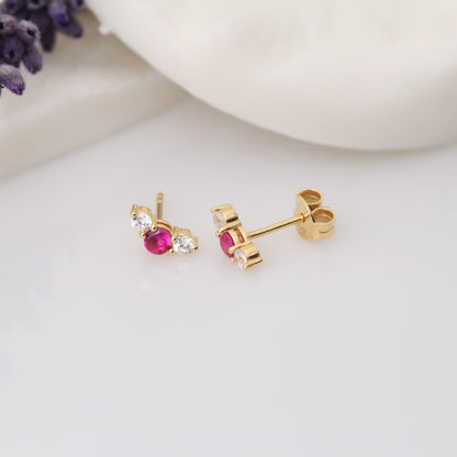 3 Stone Ruby Stud Earrings with Real Diamonds in 10K/14K Solid Gold, July Birthstone