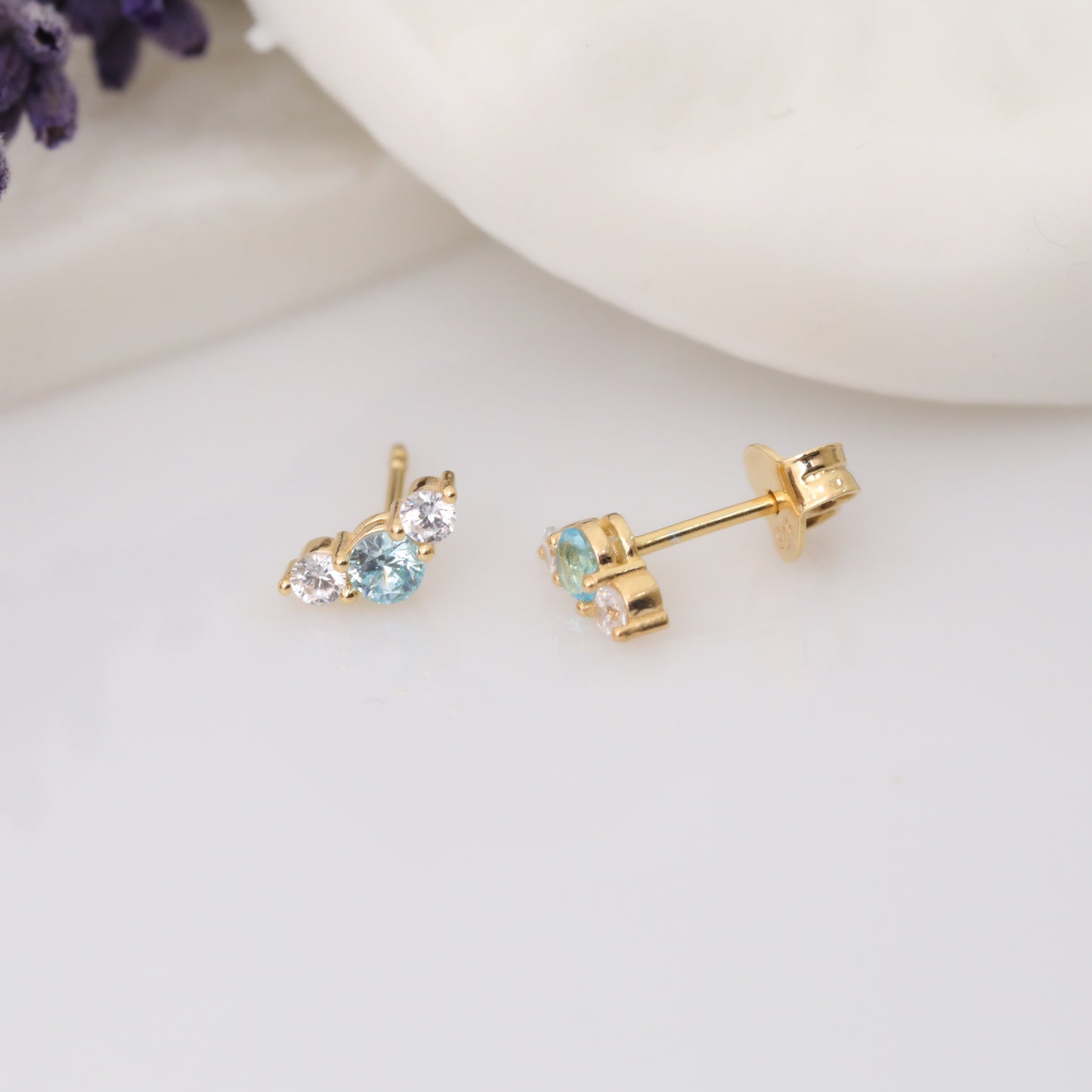 3 Stone Aquamarine Stud Earrings with Real Diamonds in 10K/14K Solid Gold, March Birthstone
