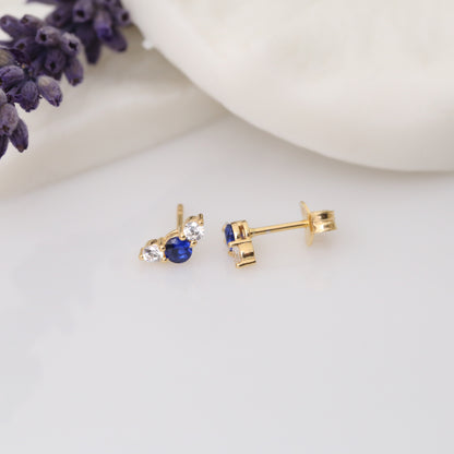 3 Stone Sapphire Stud Earrings with Real Diamonds in 10K/14K Solid Gold, September Birthstone
