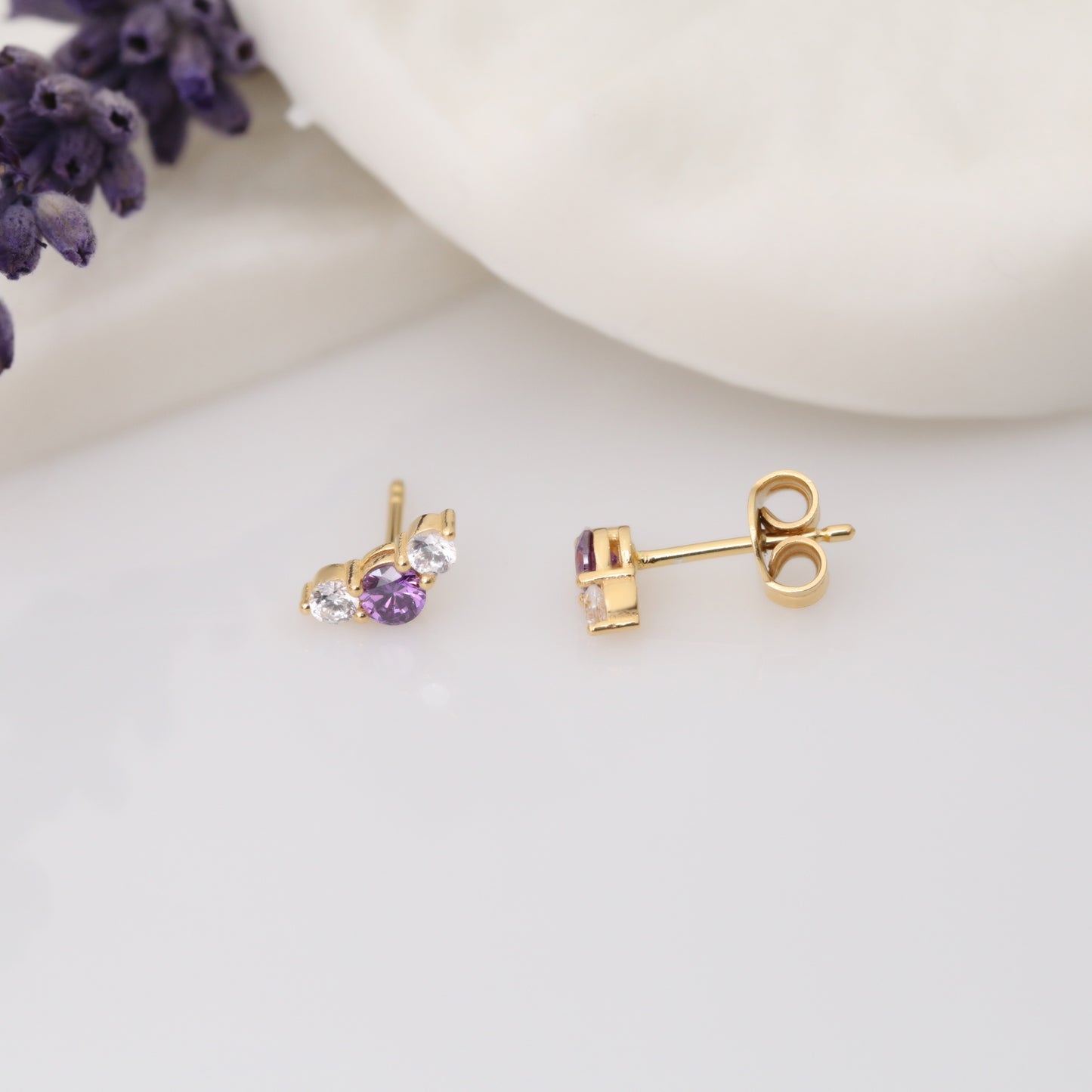 3 Stone Amethyst Stud Earrings with Real Diamonds in 10K/14K Solid Gold, February Birthstone
