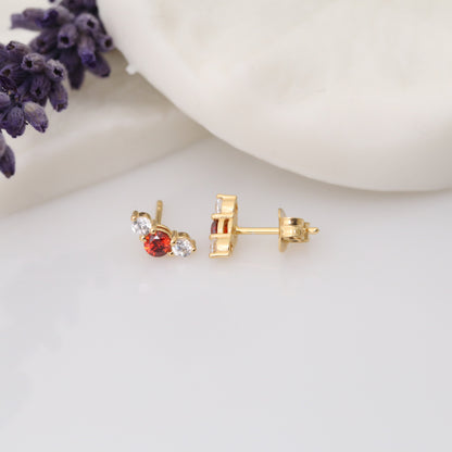 3 Stone Garnet Stud Earrings with Real Diamonds in 10K/14K Solid Gold, January Birthstone