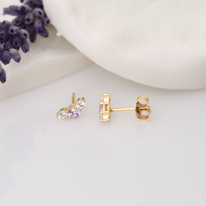 3 Stone Alexandrite Stud Earrings with Real Diamonds in 10K/14K Solid Gold, June Birthstone