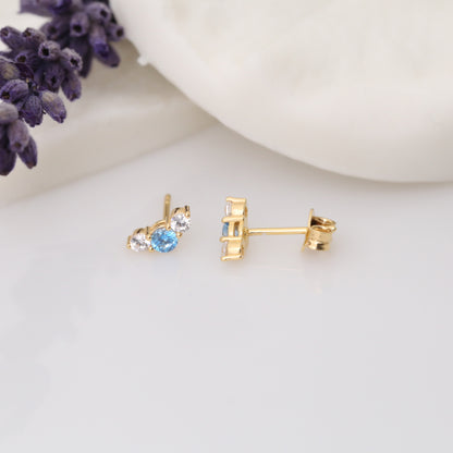 3 Stone Blue Topaz Stud Earrings with Real Diamonds in 10K/14K Solid Gold, December Birthstone