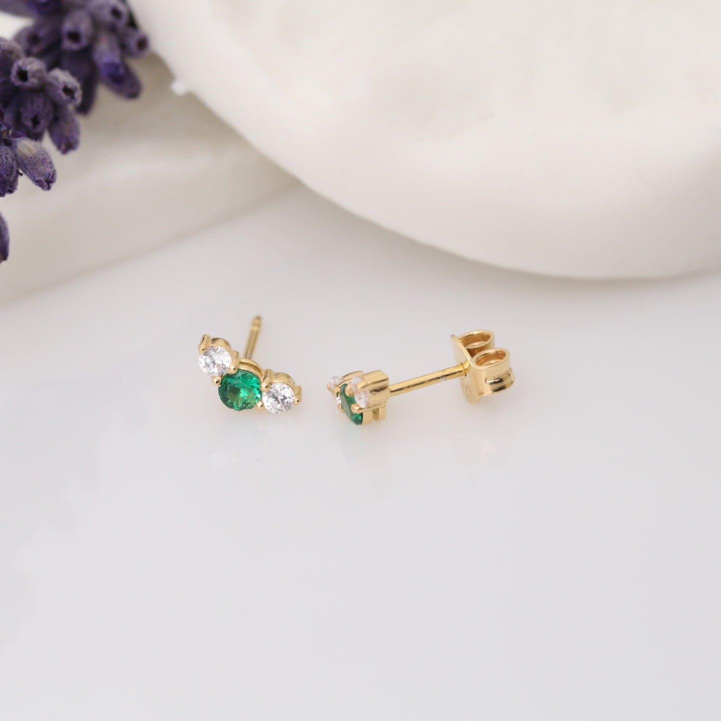 3 Stone Emerald Stud Earrings with Real Diamonds in 10K/14K Solid Gold, May Birthstone