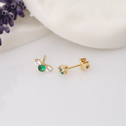3 Stone Emerald Stud Earrings with Real Diamonds in 10K/14K Solid Gold, May Birthstone