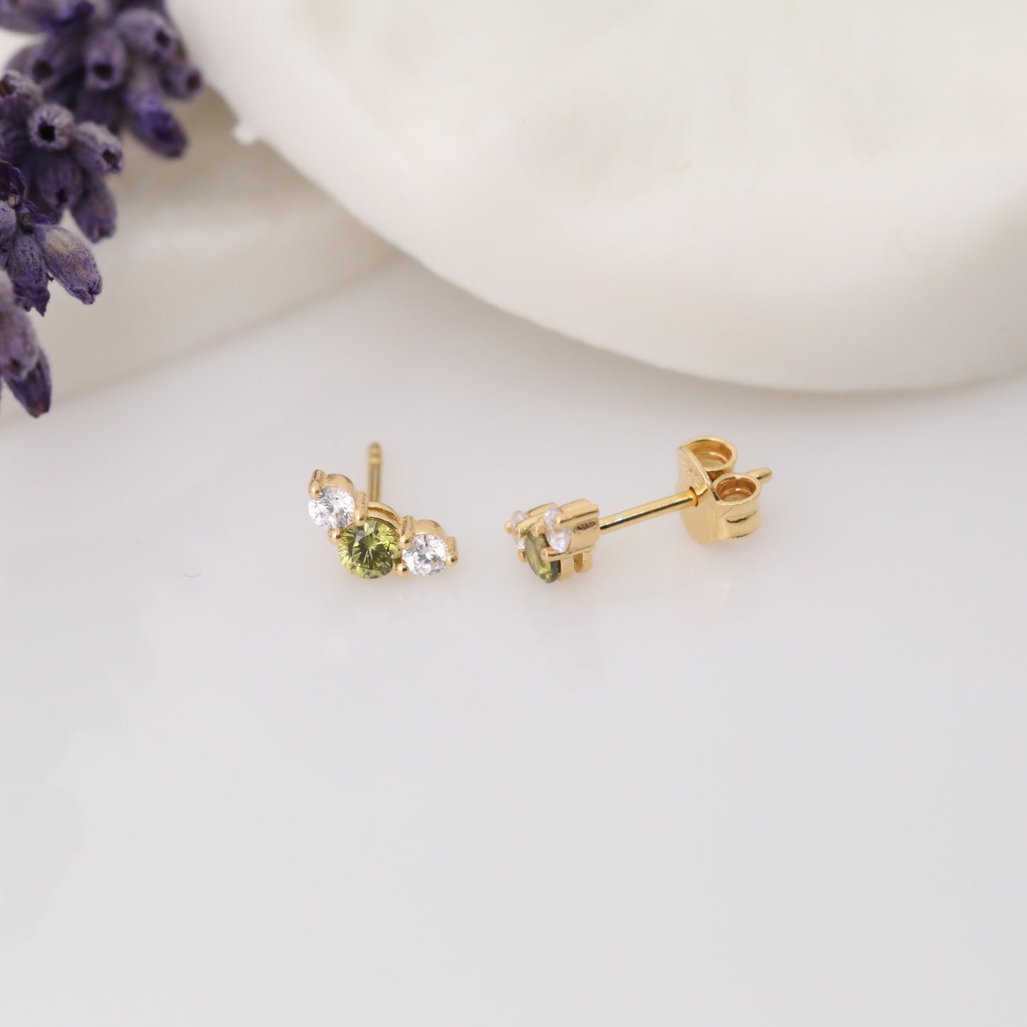 3 Stone Peridot Stud Earrings with Real Diamonds in 10K/14K Solid Gold, August Birthstone