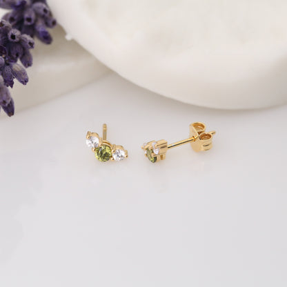 3 Stone Peridot Stud Earrings with Real Diamonds in 10K/14K Solid Gold, August Birthstone