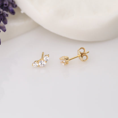 3 Stone White Topaz Stud Earrings with Real Diamonds in 10K/14K Solid Gold, April Birthstone