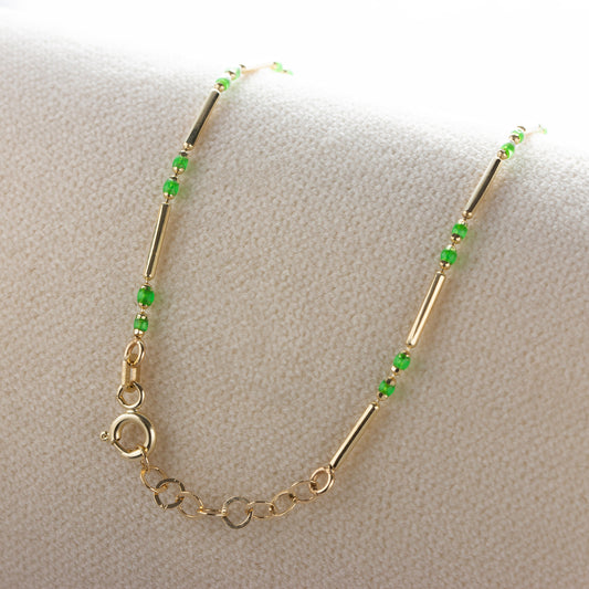 Aquagreen Enameled Beaded Bar Bracelet 14K Solid Gold / Silver, Layered Spaced Design