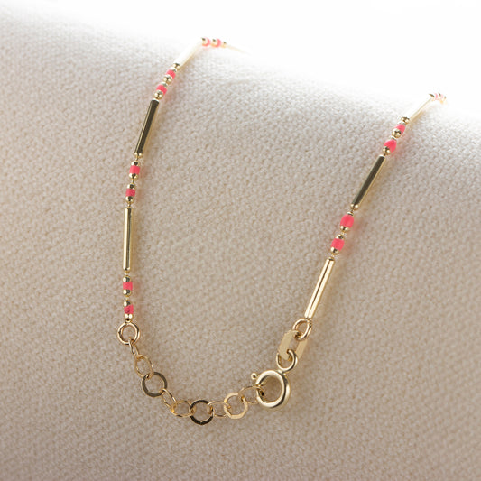 Pink Tourmaline Enameled Beaded Bar Bracelet 14K Solid Gold / Silver, Layered Spaced Design