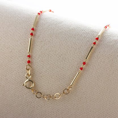 Ruby Enameled Beaded Bar Bracelet 14K Solid Gold / Silver, Layered Spaced Design