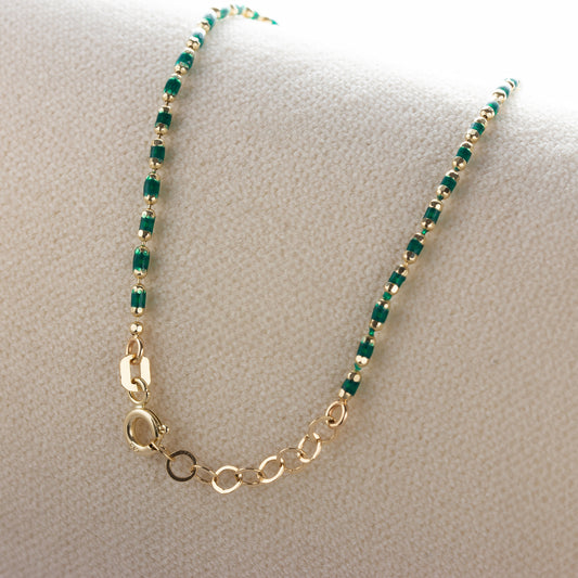 Emerald Enameled Beaded Bracelet 14K Solid Gold / Silver, Mini Italian Ball Chain