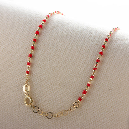 Ruby Enameled Beaded Bracelet 14K Solid Gold / Silver, Mini Italian Ball Chain, July Birthstone