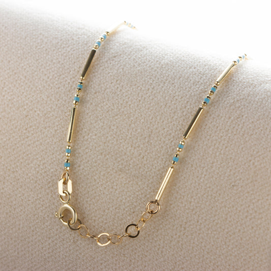 Aquamarine Enameled Beaded Bar Bracelet 14K Solid Gold / Silver, Layered Spaced Design