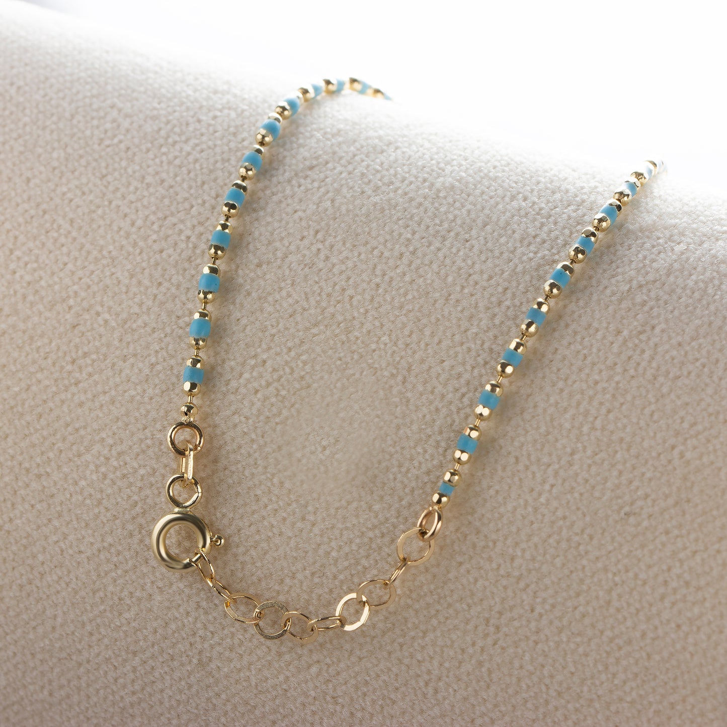 Blue Topaz Enameled Beaded Bracelet 14K Solid Gold / Silver, Mini Italian Ball Chain, December Birthstone