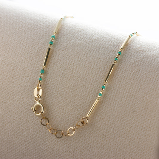 Turquoise Enameled Beaded Bar Bracelet 14K Solid Gold / Silver, Layered Spaced Design