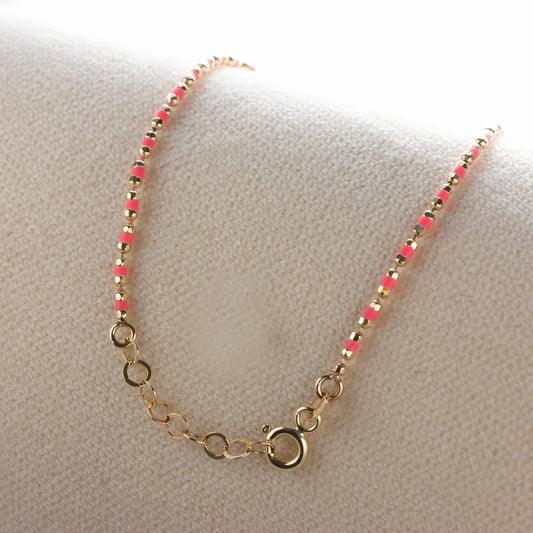 Pink Tourmaline Enameled Beaded Bracelet 14K Solid Gold / Silver, Mini Italian Ball Chain