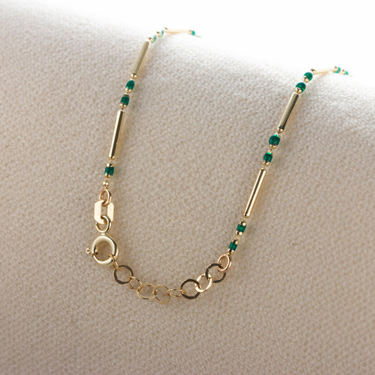 Emerald Enameled Beaded Bar Bracelet 14K Solid Gold / Silver, Layered Spaced Design