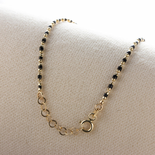 Black Onyx Beaded Bracelet in 14K Solid Gold / Silver, Mini Italian Ball Chain