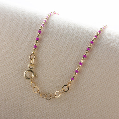 Amethyst Enameled Beaded Bracelet 14K Solid Gold / Silver, Mini Italian Ball Chain, February Birthstone