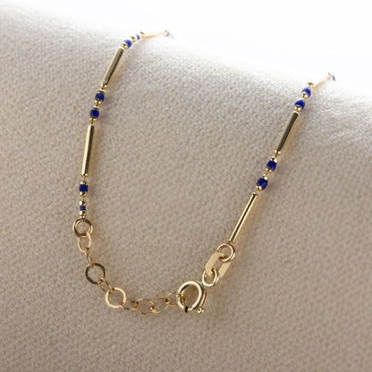 Sapphire Enameled Beaded Bar Bracelet 14K Solid Gold / Silver, Layered Spaced Design