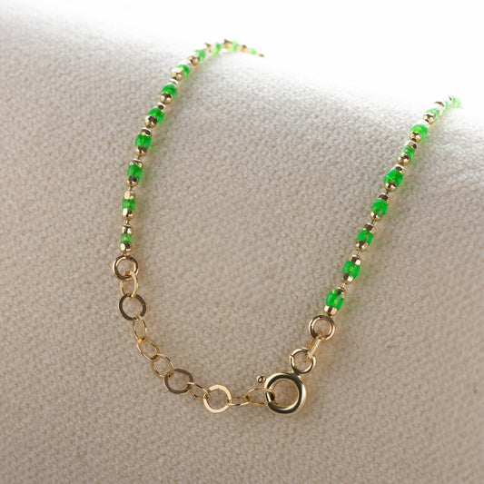 Aquagreen Enameled Beaded Bracelet 14K Solid Gold / Silver, Mini Italian Ball Chain