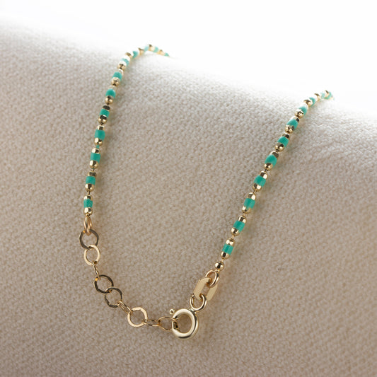 Turquoise Enameled Beaded Bracelet 14K / Silver Solid Gold, Mini Italian Ball Chain