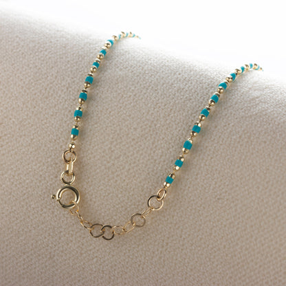 Aquamarine Enameled Beaded Bracelet 14K Solid Gold / Silver, Mini Italian Ball Chain