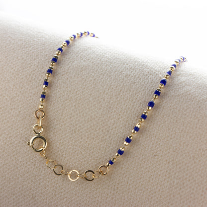 Sapphire Enameled Beaded Bracelet 14K Solid Gold / Silver, Mini Italian Ball Chain