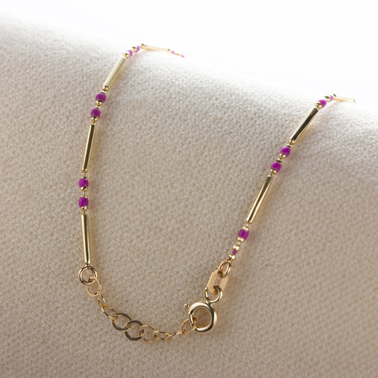 Amethyst Enameled Beaded Bar Bracelet 14K Solid Gold / Silver, Layered Spaced Design