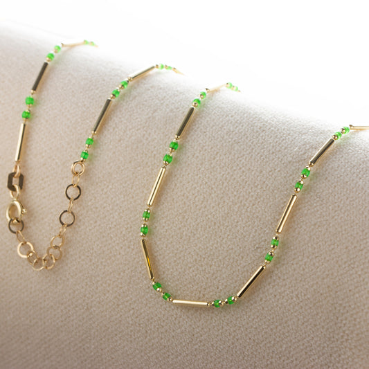 Aquagreen 14K Solid Gold / Silver Layered Enameled Spaced Beaded Bar Necklace