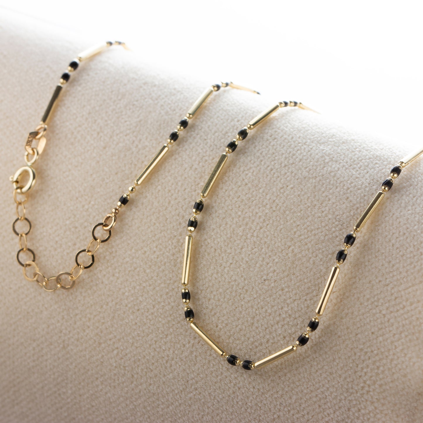 Black Onyx 14K Solid Gold / Silver Layered Enameled Spaced Beaded Bar Necklace, Birthstone Jewelry