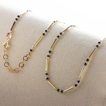 Black Onyx 14K Solid Gold / Silver Layered Enameled Spaced Beaded Bar Necklace, Birthstone Jewelry