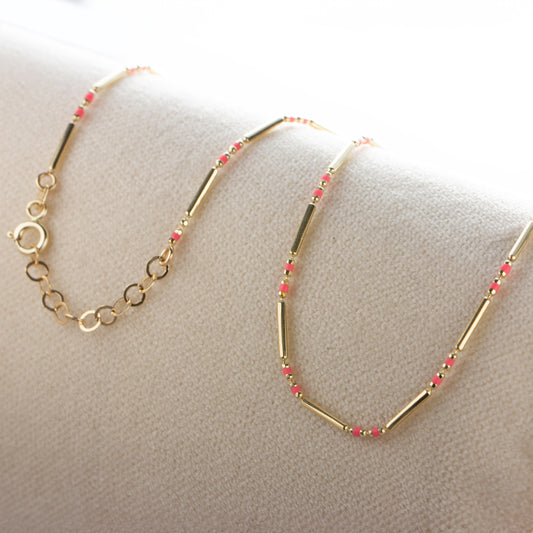 Pink Tourmaline 14K Solid Gold / Silver Layered Enameled Spaced Beaded Bar Necklace, Birthstone Jewelry