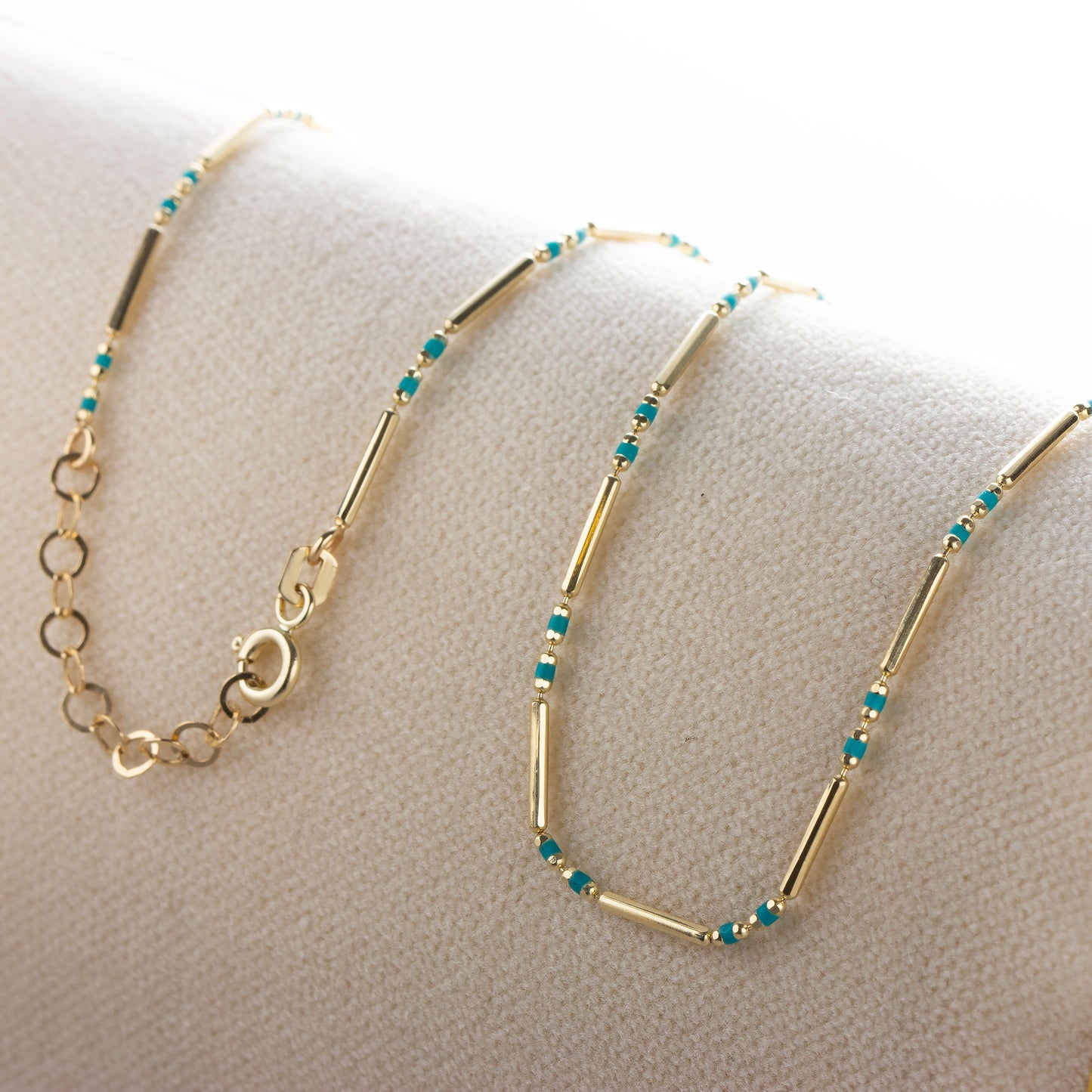 Blue Topaz 14K Solid Gold / Silver Layered Enameled Spaced Beaded Bar Necklace, Birthstone Jewelry