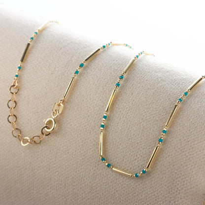 Blue Topaz 14K Solid Gold / Silver Layered Enameled Spaced Beaded Bar Necklace, Birthstone Jewelry