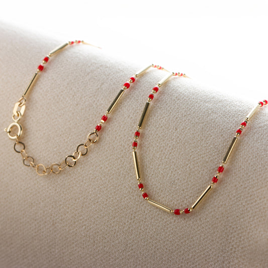 Ruby 14K Solid Gold / Silver Layered Enameled Spaced Beaded Bar Necklace, Birthstone Jewelry