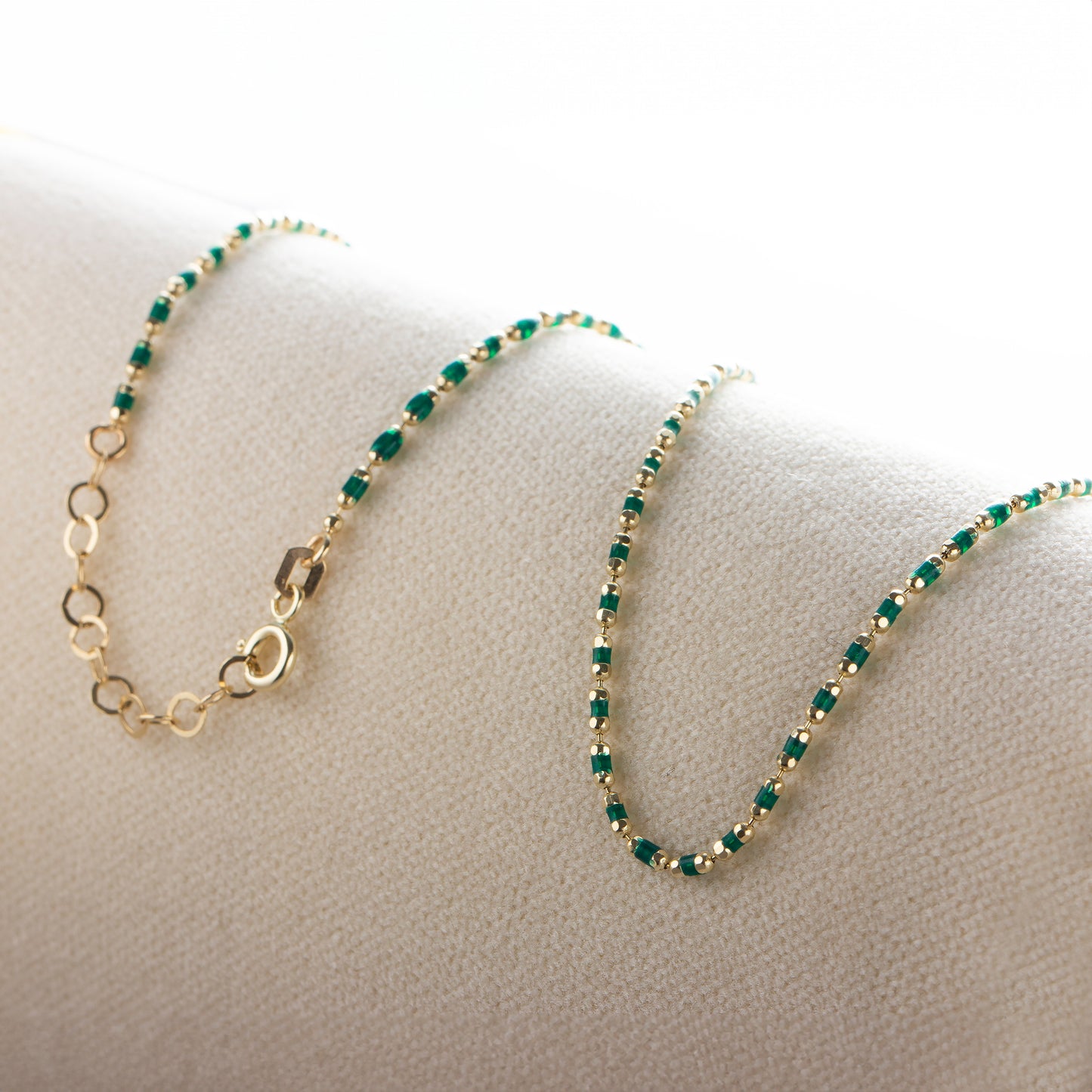Emerald Enameled Beaded Necklace in 14K / Silver Solid Gold, Mini Italian Ball Chain